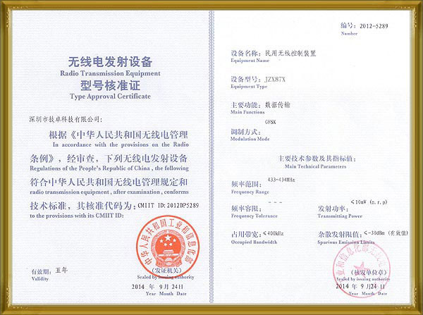 Approval certificate of radio transmitting equipment model JZ87X